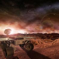 mars rover exploring the red planet surface under the starry sky